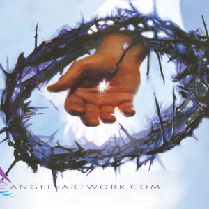Christ hand reaches through the crown of thorns