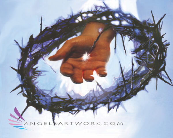 Christ hand reaches through the crown of thorns
