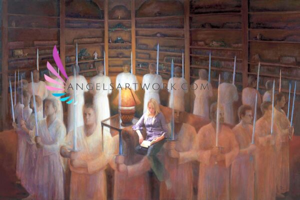 Blonde reading scriptures on her couch with Angels on guard