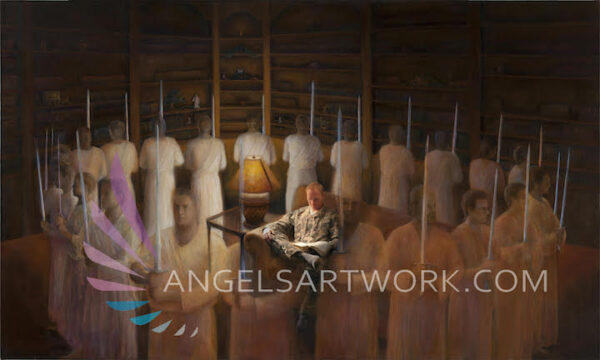 Angels surrounding military man while he reads scriptures