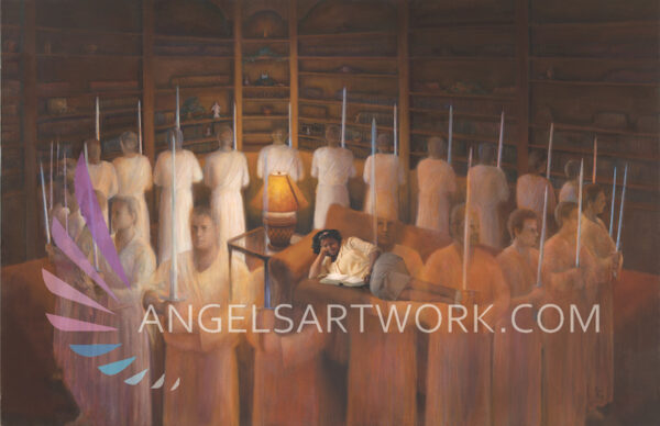 black girl reading scriptures on the couch with Angels on guard