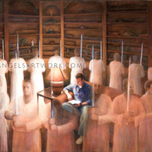 Angels surrounding boy while he reads scriptures