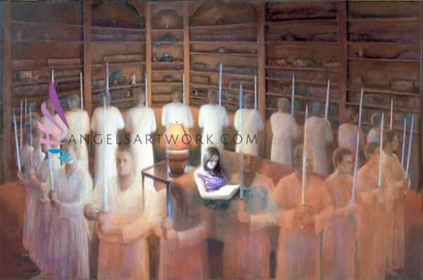 Angels surrounding brunette girl while she reads scriptures