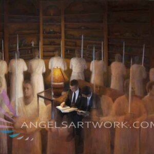 Angels surrounding missionaries while they read scriptures