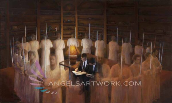 Angels surrounding missionaries while they read scriptures