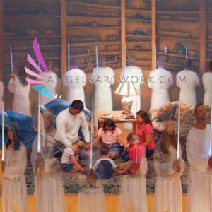 Angels surrounding family while they pray