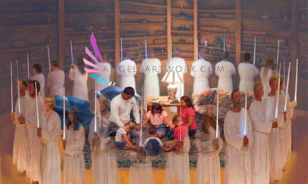 Angels surrounding family while they pray
