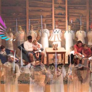Angels surrounding family while they read scriptures
