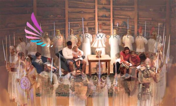 Angels surrounding family while they read scriptures