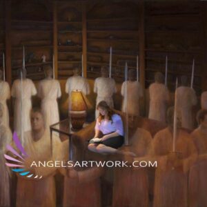 Angels surrounding red-headed girl while she reads scriptures