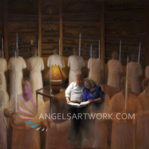 Angels surrounding older couple while they read scriptures