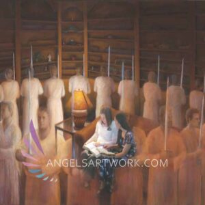 Angels surrounding sister missionaries while they read scriptures