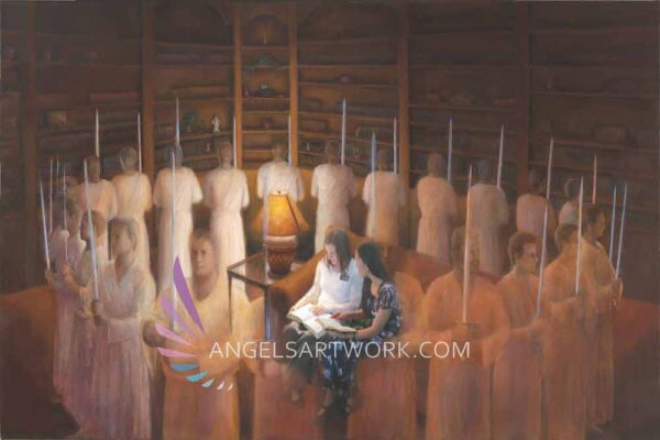 Angels surrounding sister missionaries while they read scriptures
