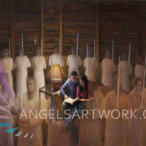 Angels surrounding young couple while they read scriptures