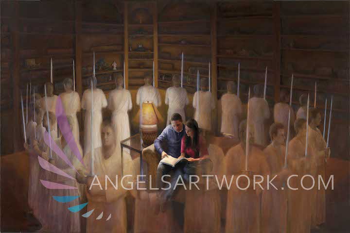 Angels surrounding young couple while they read scriptures