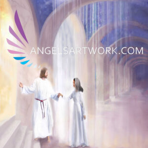 Jesus Christ helping a woman through the veil into heaven