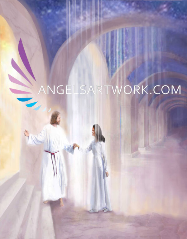 Jesus Christ helping a woman through the veil into heaven