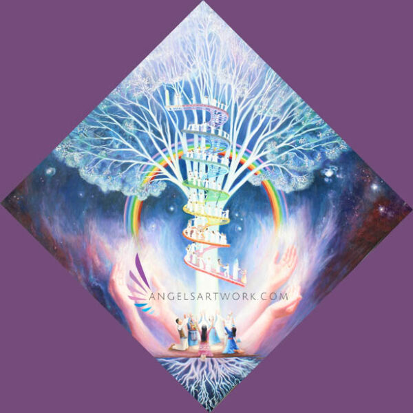 family kneeling around a white tree with a staircase ascending around it